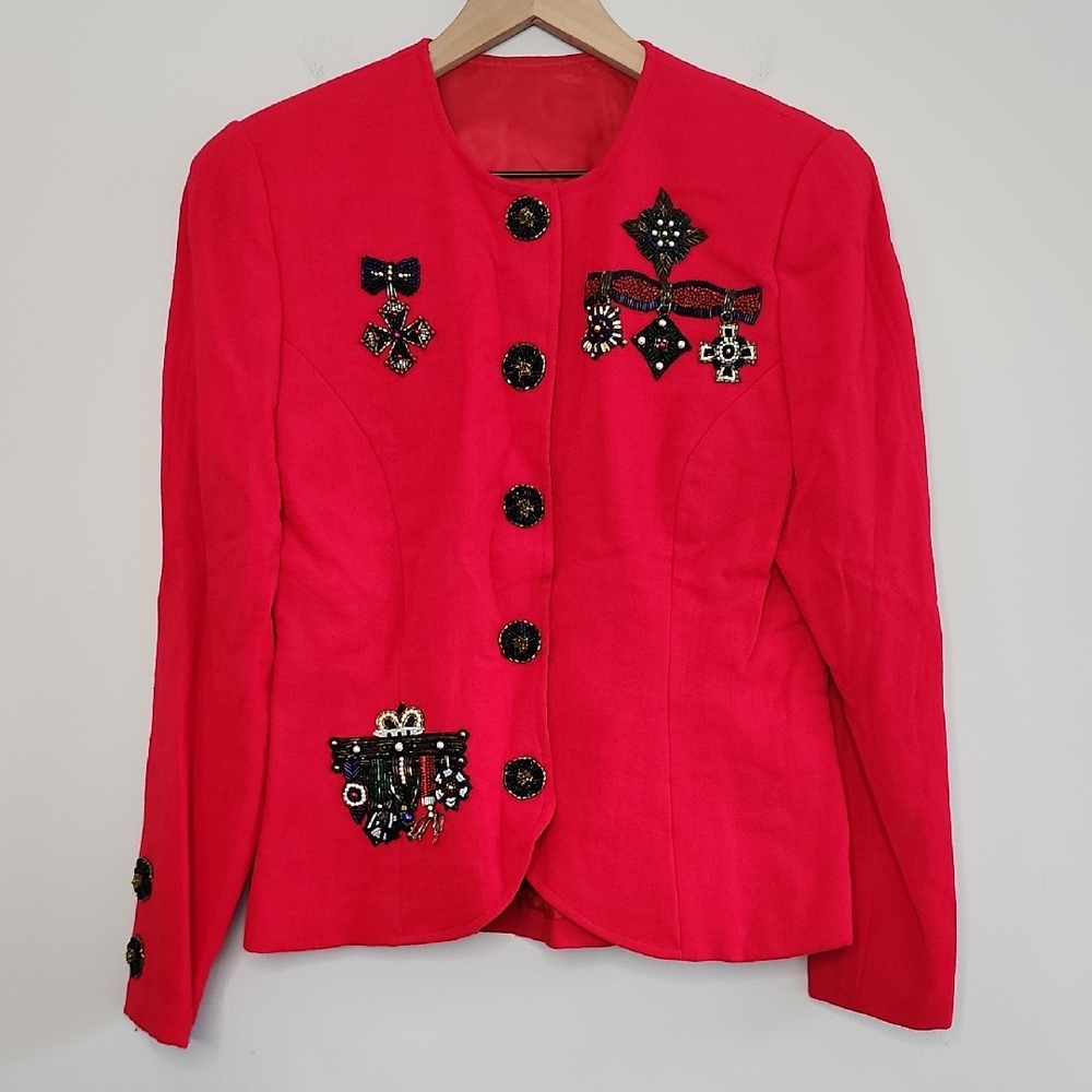Vintage Chic Red Embellished Women's Blazer